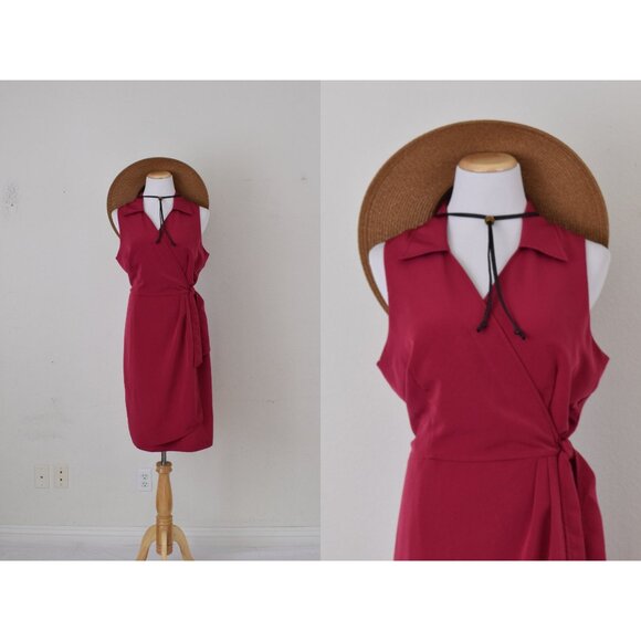 Tess Dresses & Skirts - Vintage 80s‎ Magenta Polyester Wrap Dress By Tess  | size 14
